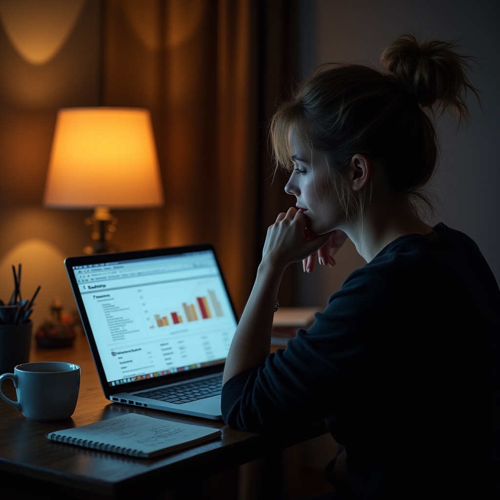 Persoană care cercetează seara datele salariale pe laptop, într-o cameră liniștită, înainte de a lua o decizie